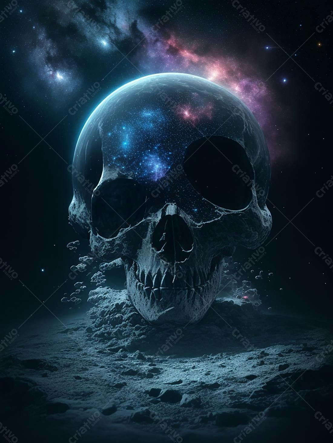 Crânio cósmico em paisagem lunar