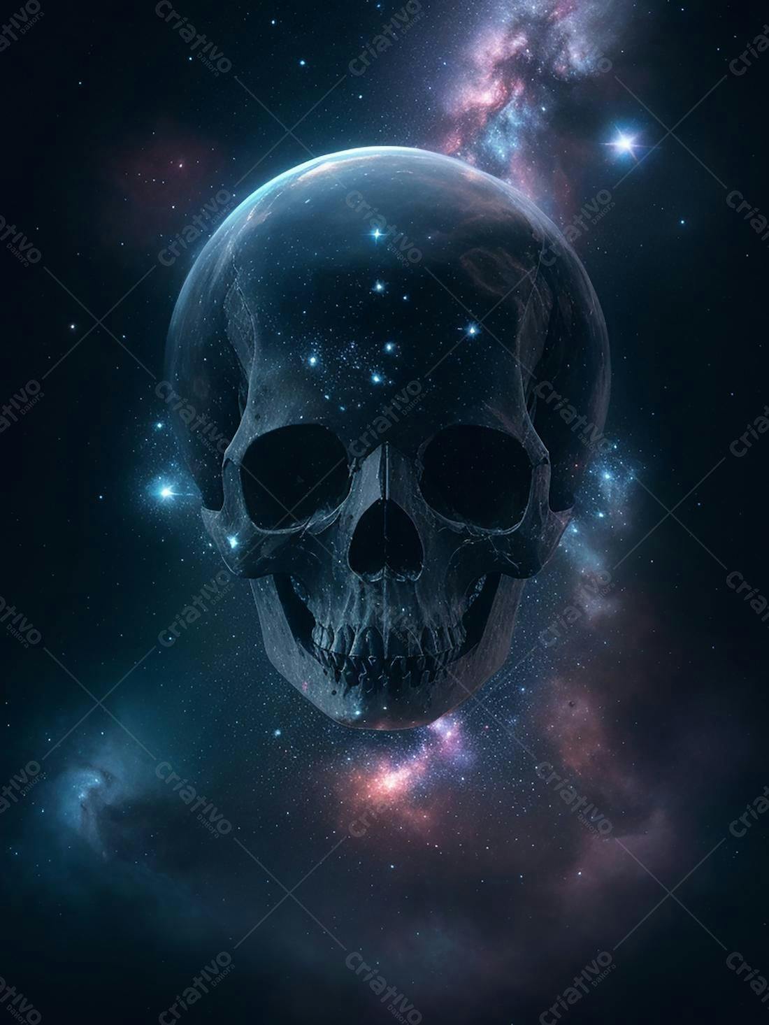 Crânio cósmico em nebulosa azul e rosa