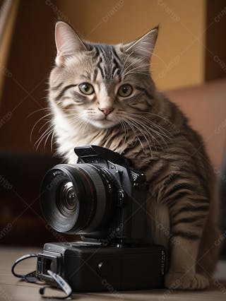 Gato cinza brincando com a câmera fotográfica