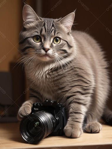 Gato cinza brincando com a câmera fotográfica