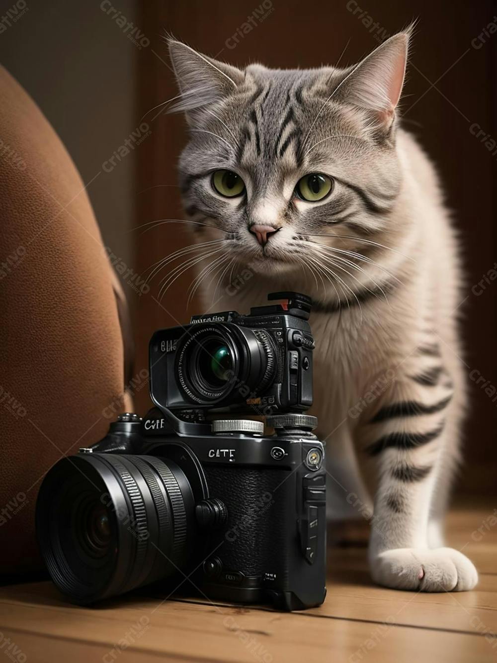 gato cinza brincando com a câmera fotográfica 