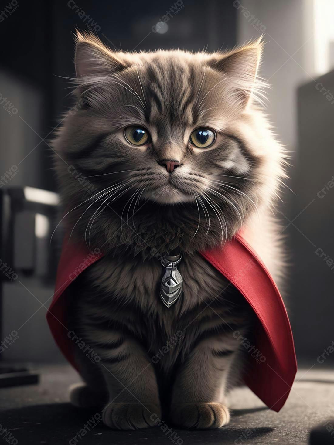 Gatinho cinza com capa vermelha
