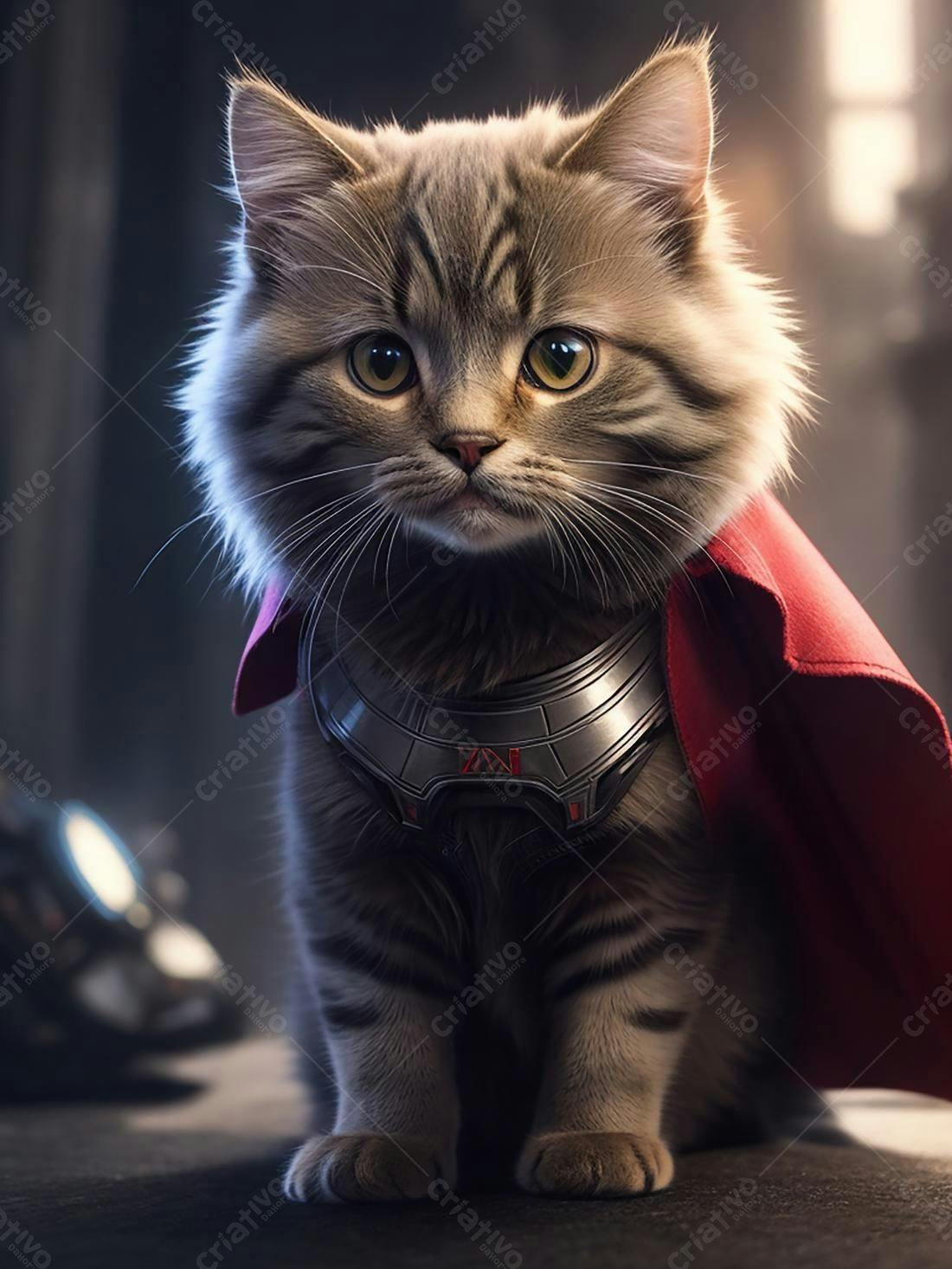 Gato cinza super-herói usando capa vermelha