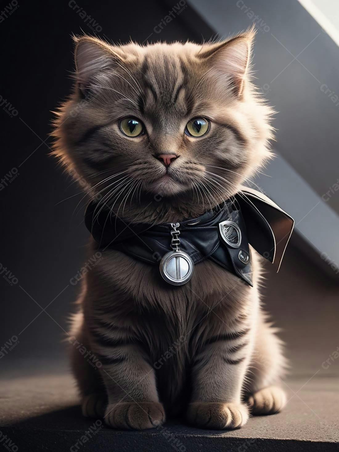 Gato Cinza com Coleira de Couro