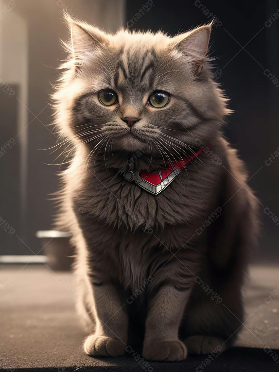Gatinho cinza com coleira vermelha sentado