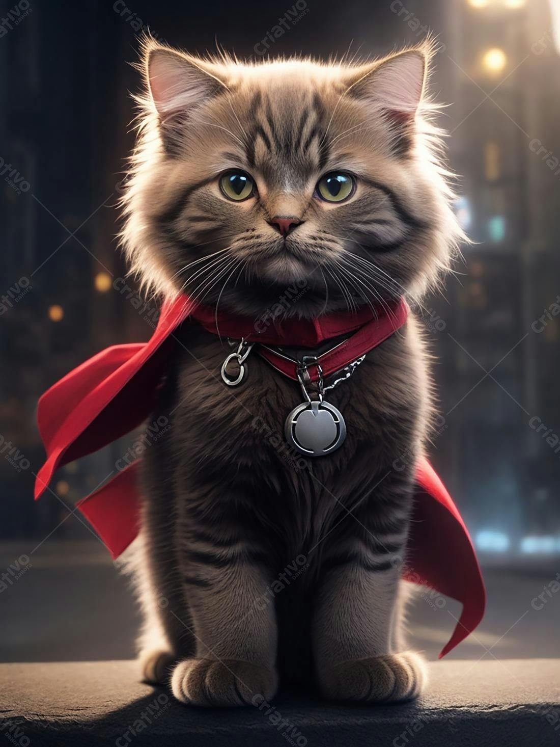 Gato cinza com capa vermelha