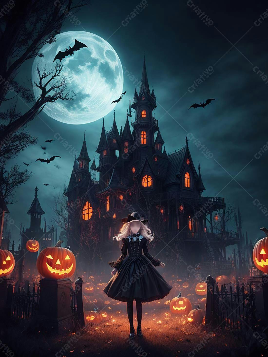 Menina em vestido preto diante de castelo assombrado no Halloween