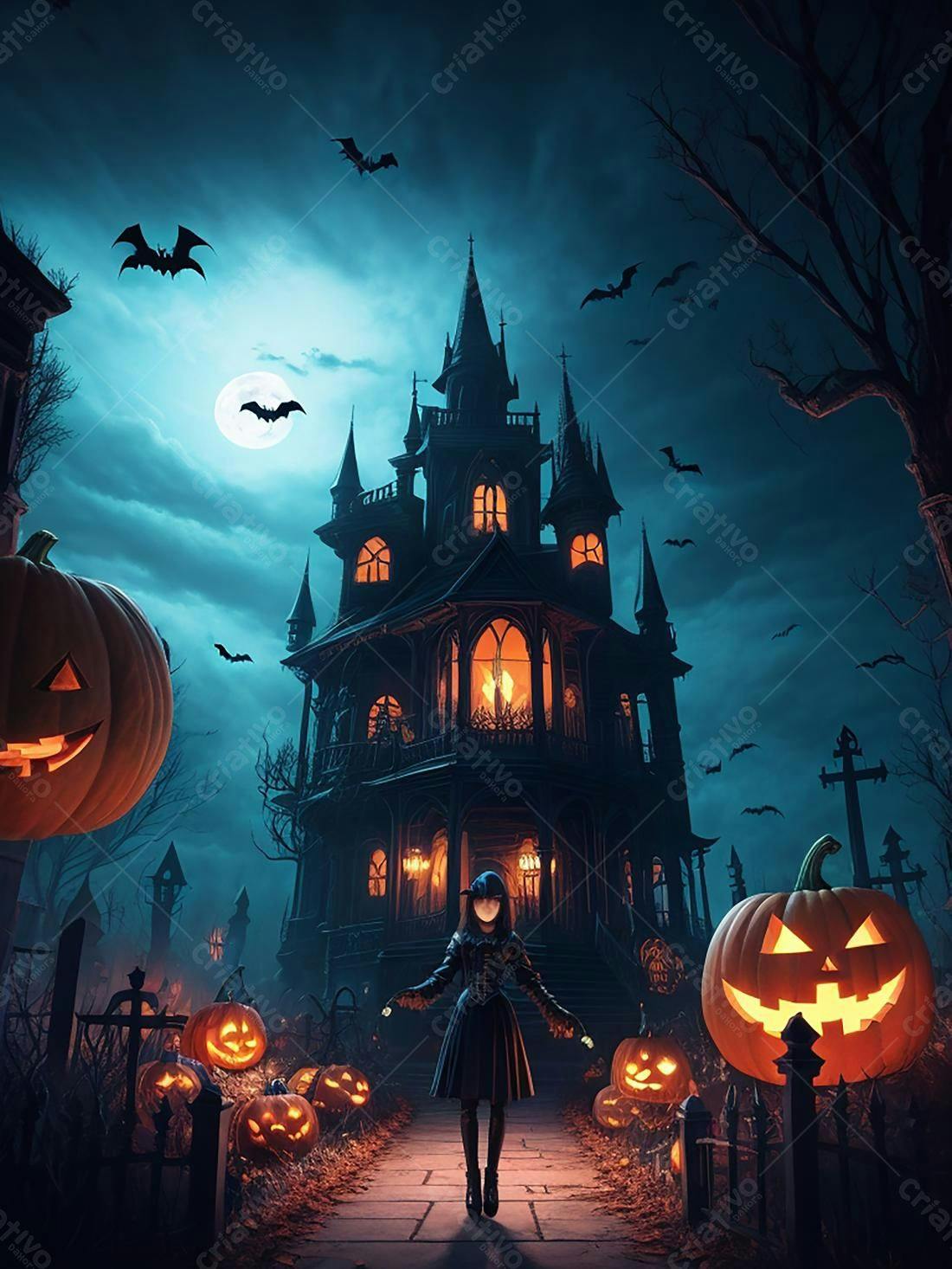 Menina em frente a casa assombrada no Halloween