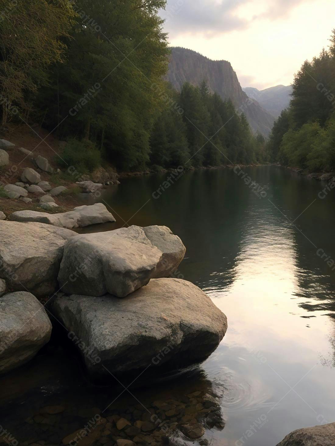 Rio sereno entre montanhas ao entardecer
