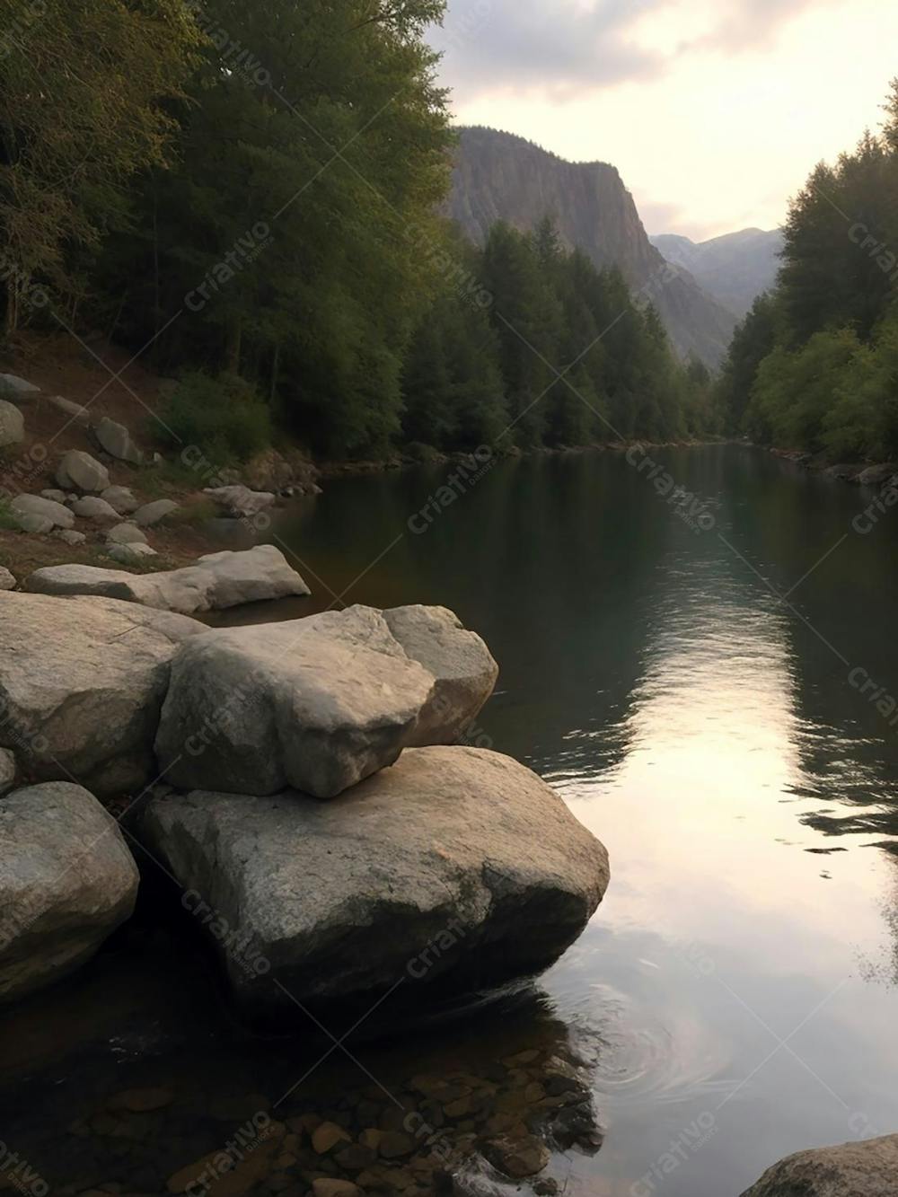 Paisagem de um lago fim de tarde com pedras