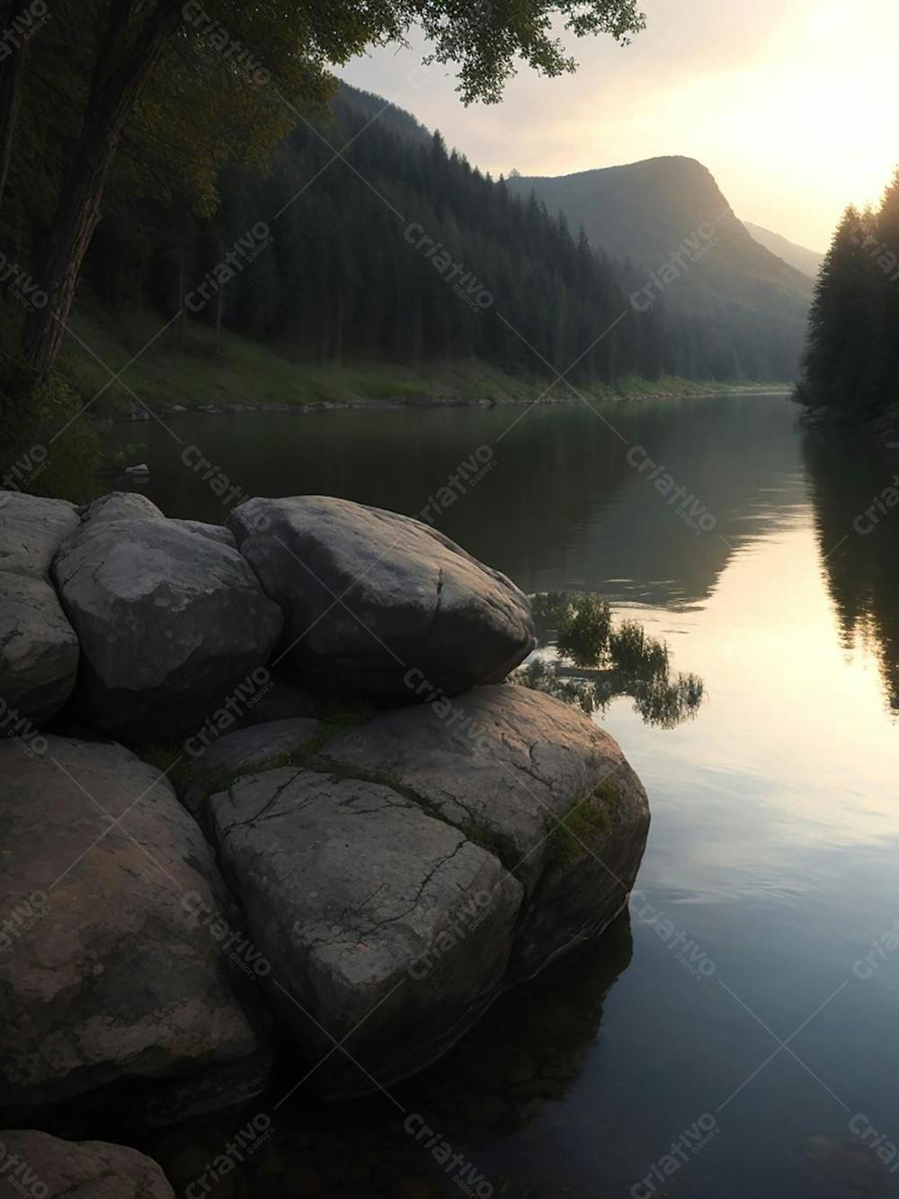 Paisagem de um lago fim de tarde com pedras 