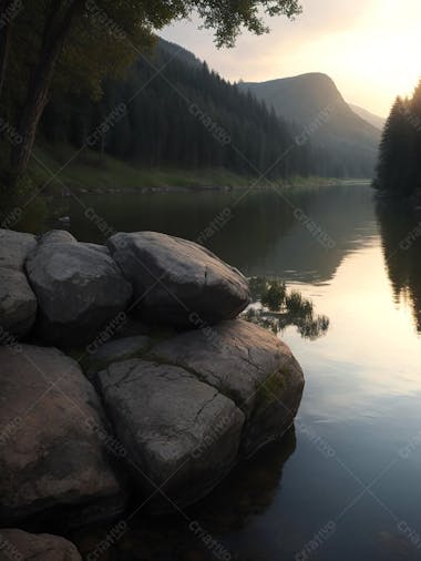 Paisagem de um lago fim de tarde com pedras