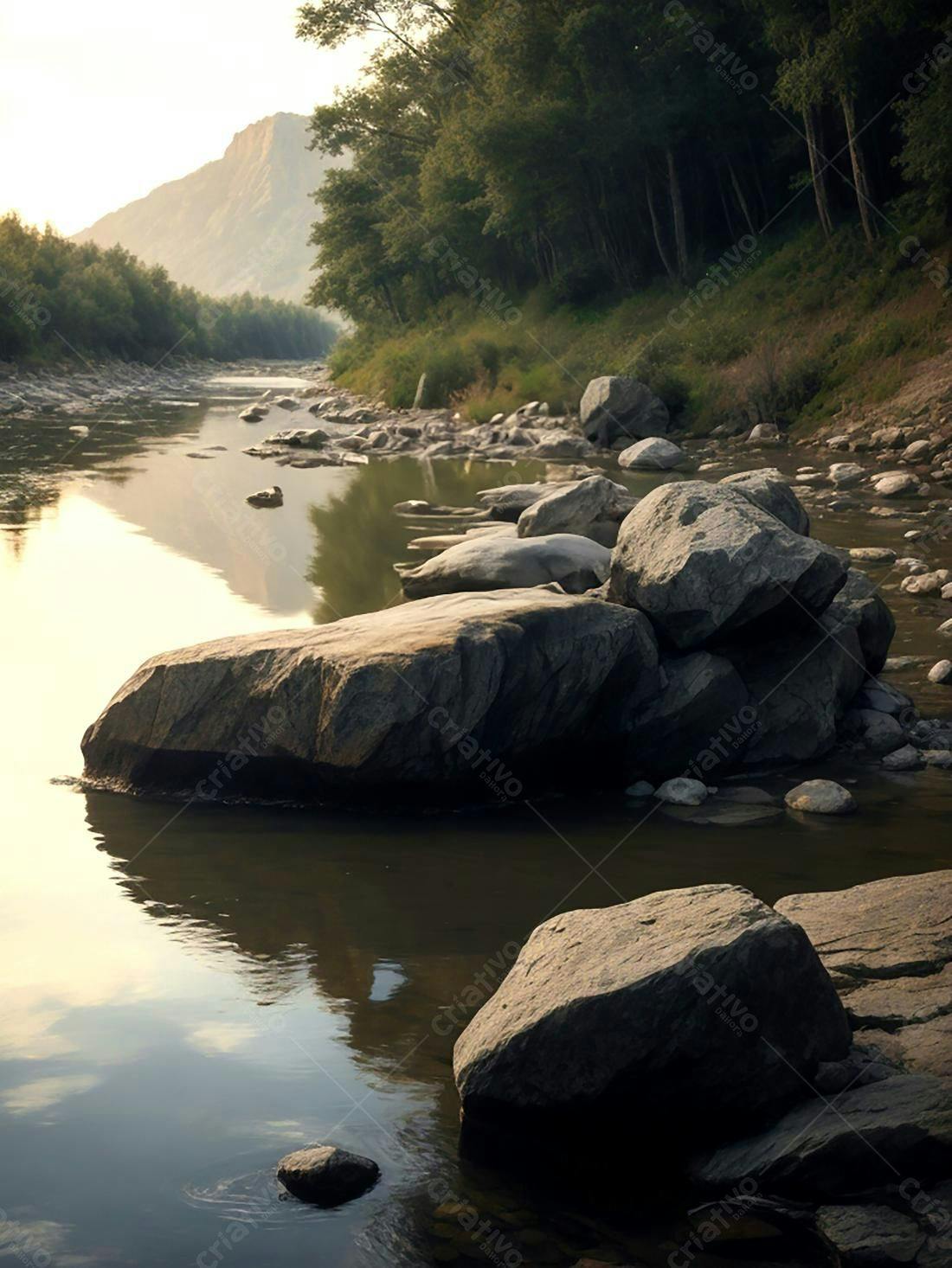 Rio sereno com rochas e montanha ao fundo