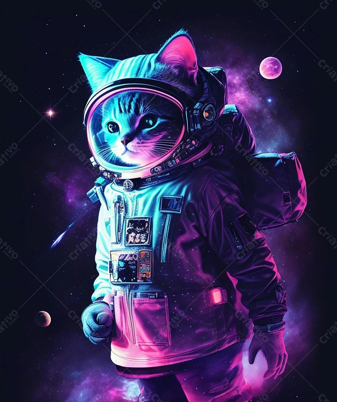 Gato astronauta em traje neon no espaço