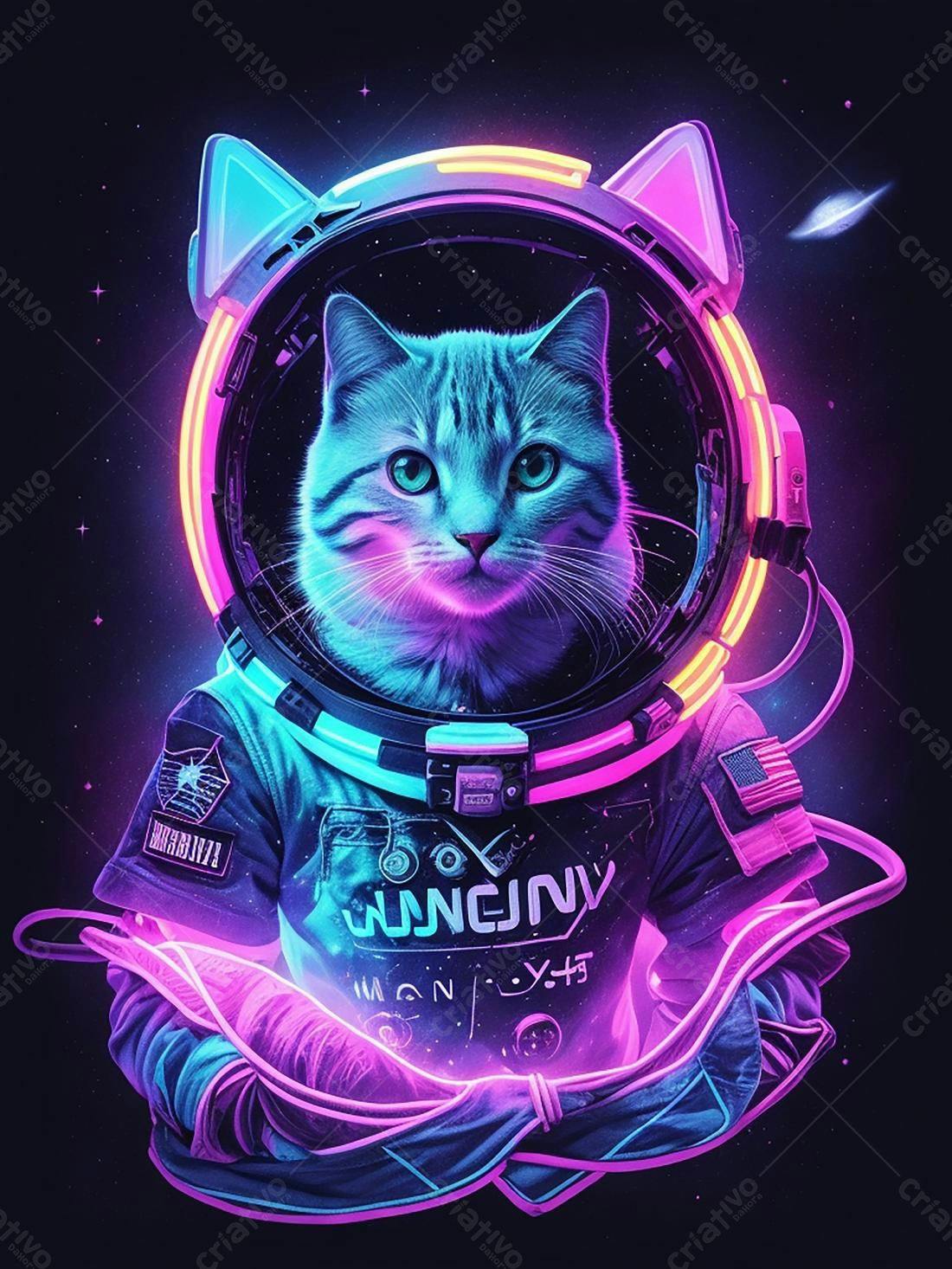 Gato astronauta em traje neon