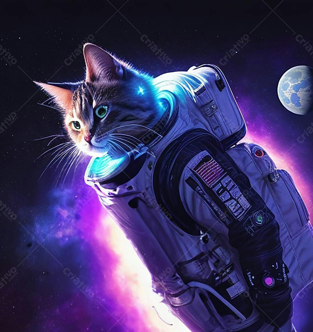 Gato astronauta no espaço profundo