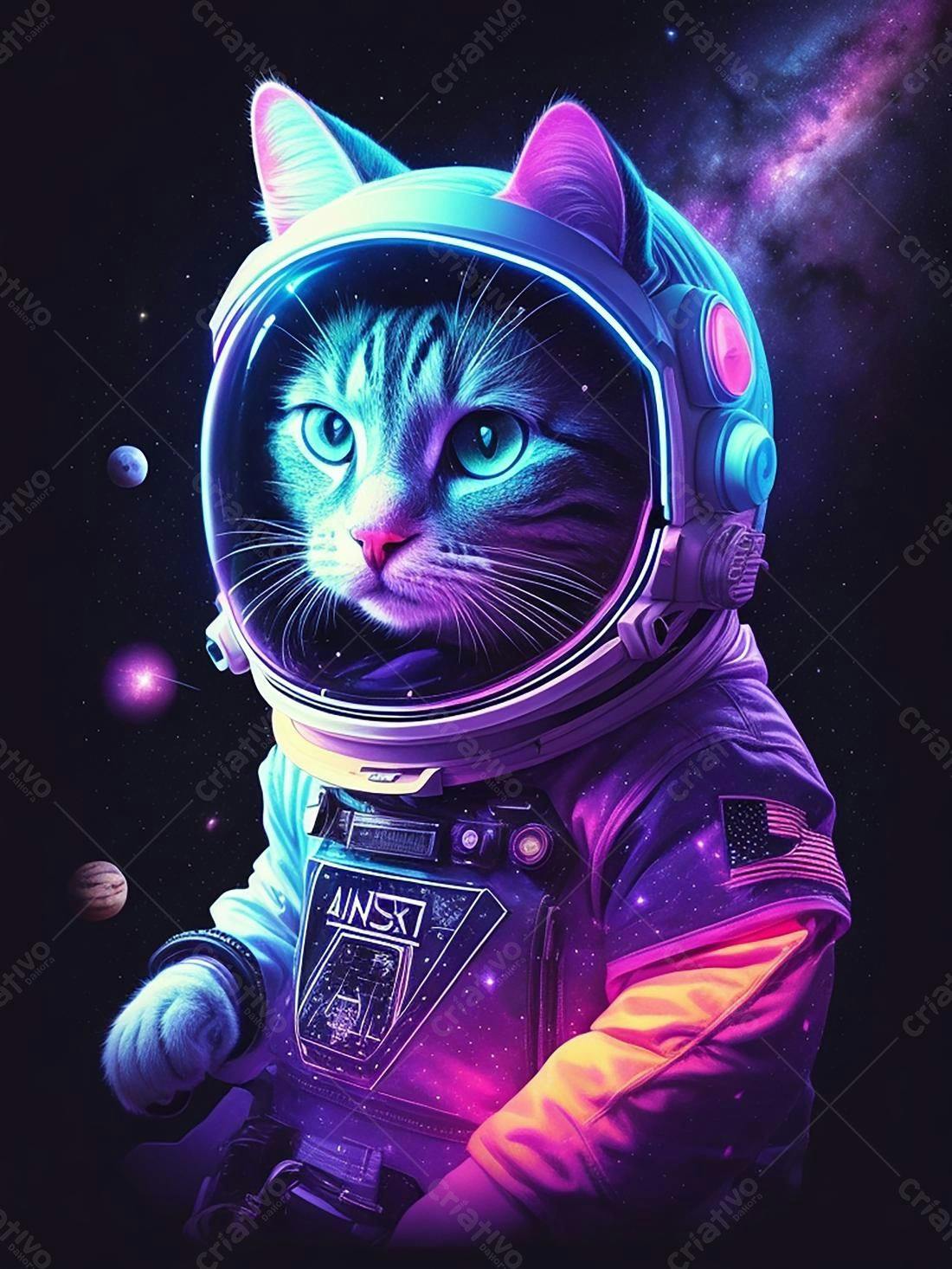 Gato astronauta no espaço cores vibrantes