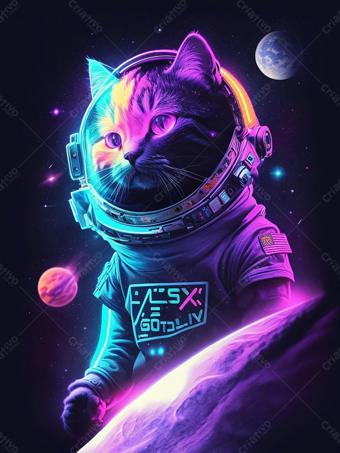 Gato astronauta em espaço roxo e azul
