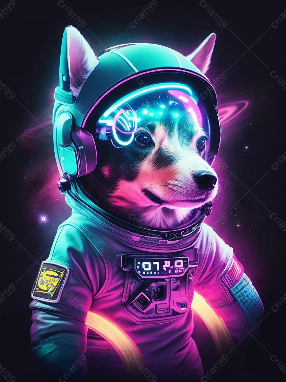 Cachorro Astronauta em traje espacial neon