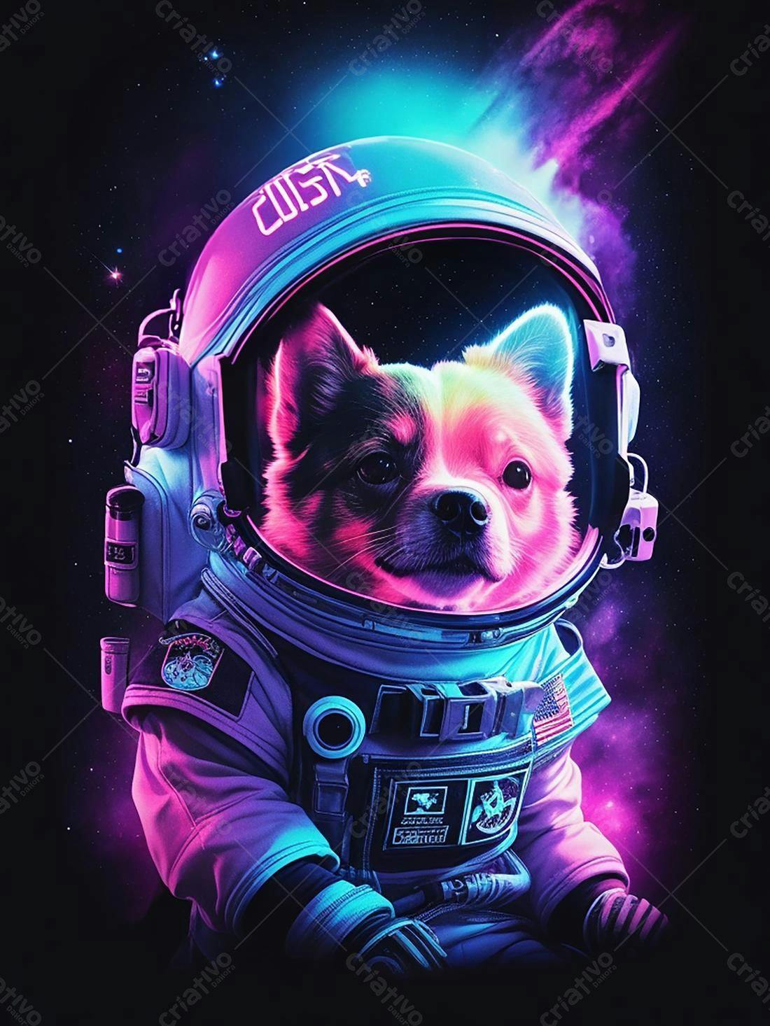 Cachorro astronauta em traje espacial neon