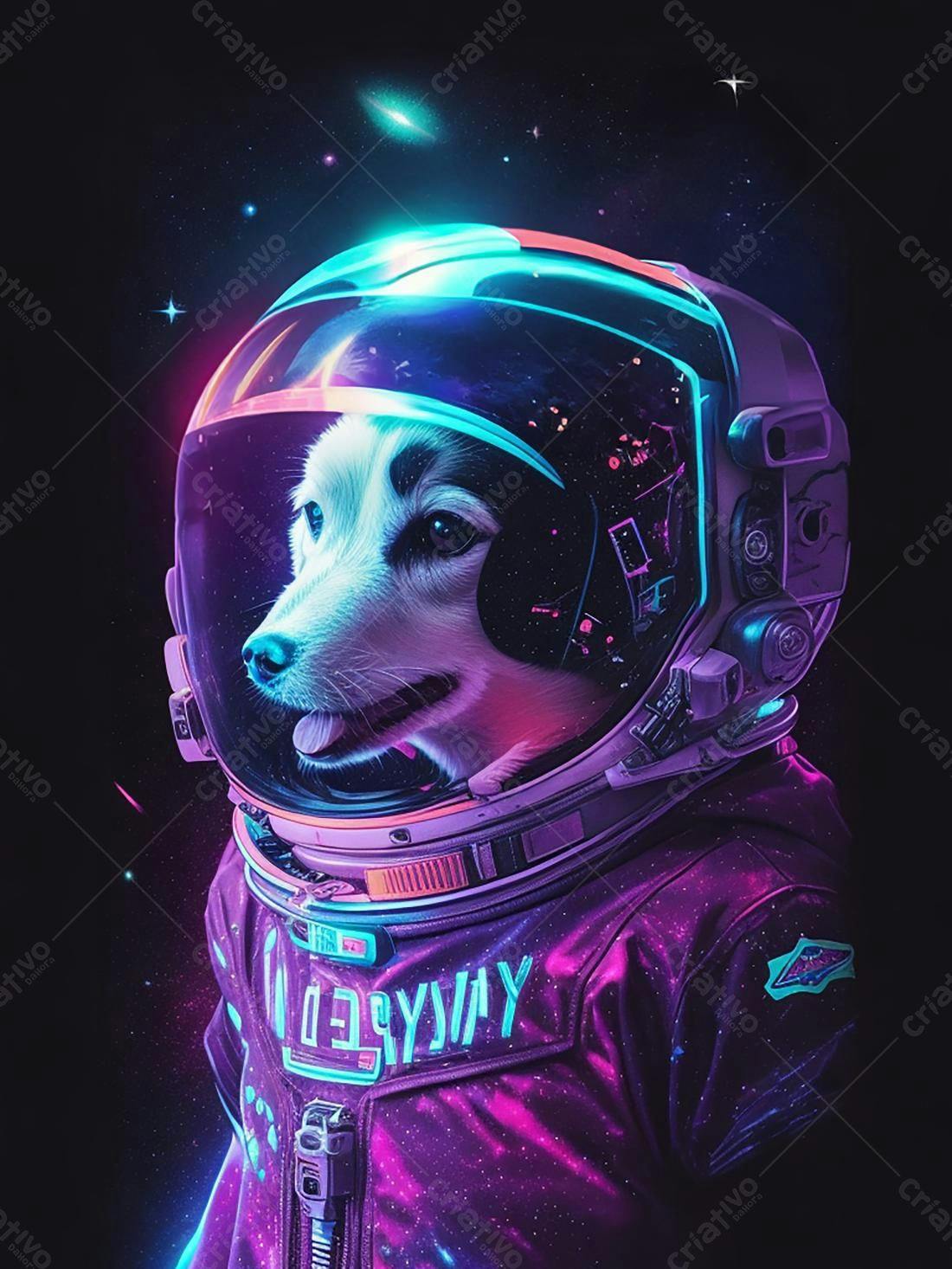 Cachorro astronauta em traje roxo e azul