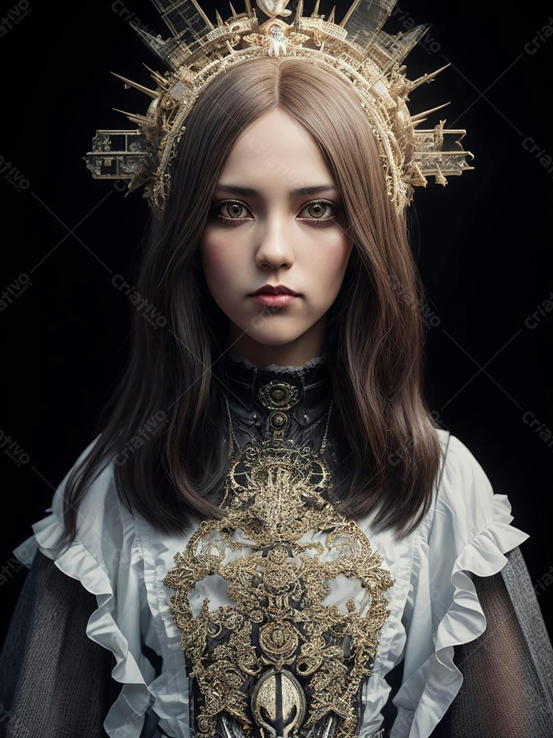 Retrato feminino com coroa dourada steampunk