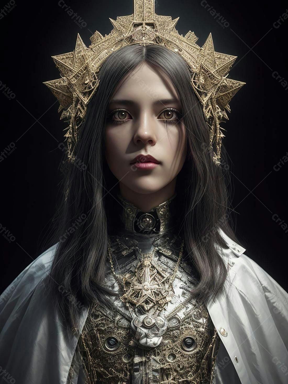 Mulher com coroa dourada e armadura steampunk