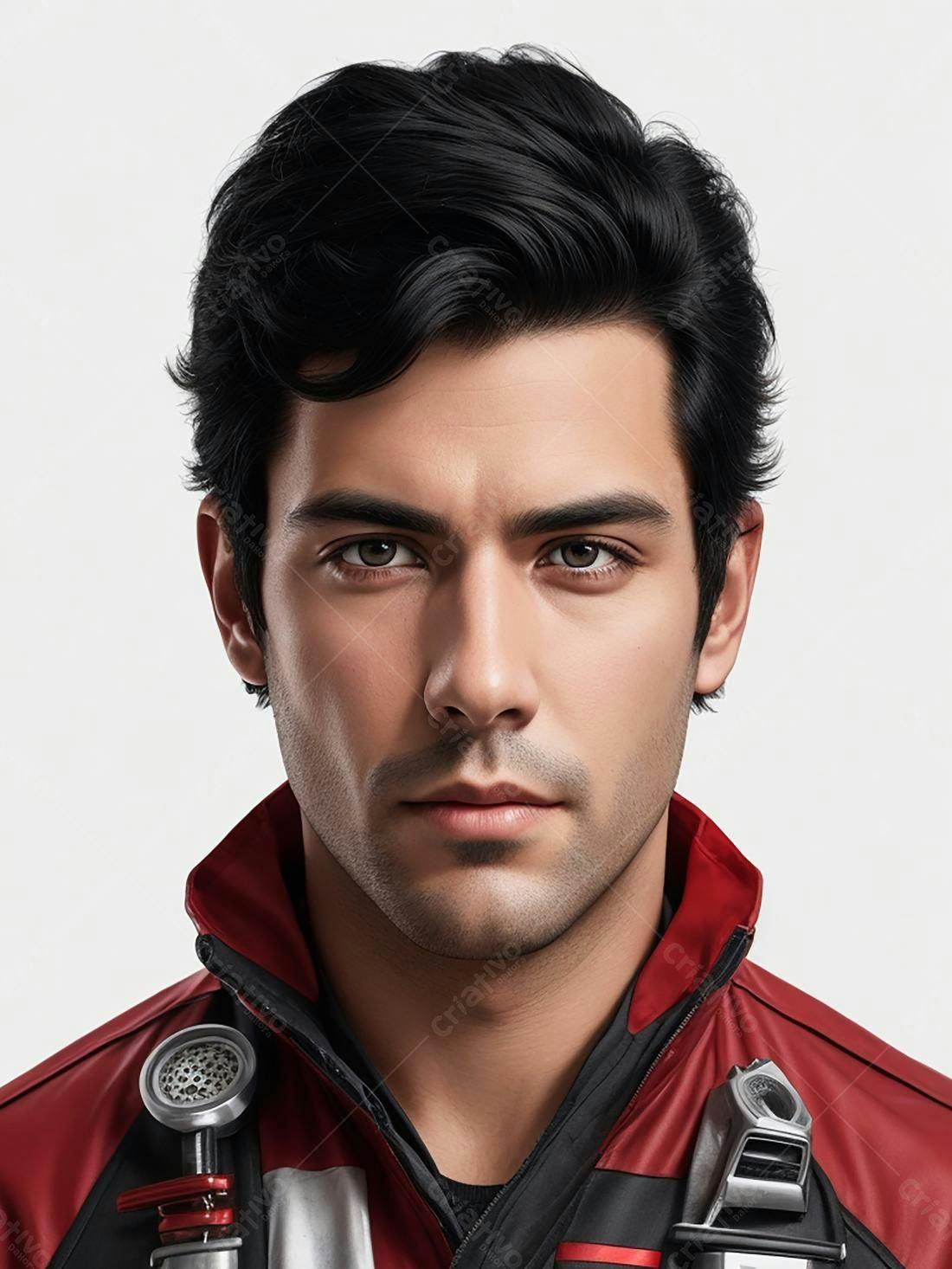 Homem moreno com cabelo curto vestindo jaqueta vermelha