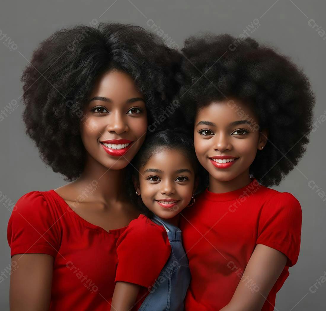 Família negra sorrindo em vermelho