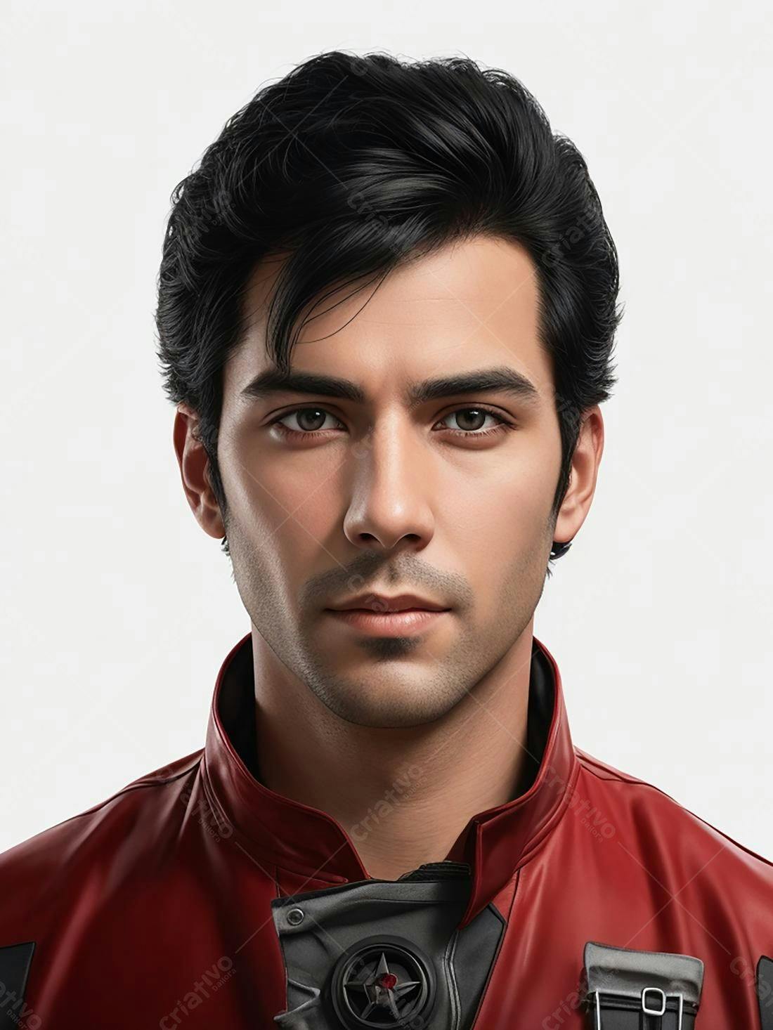 Homem com cabelo preto usando jaqueta vermelha