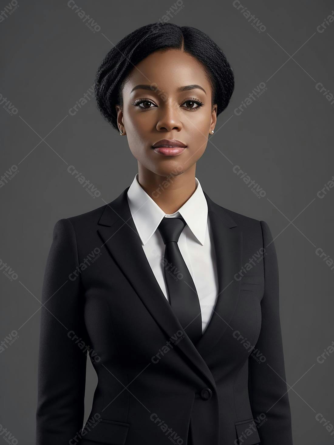Mulher negra em terno preto elegante