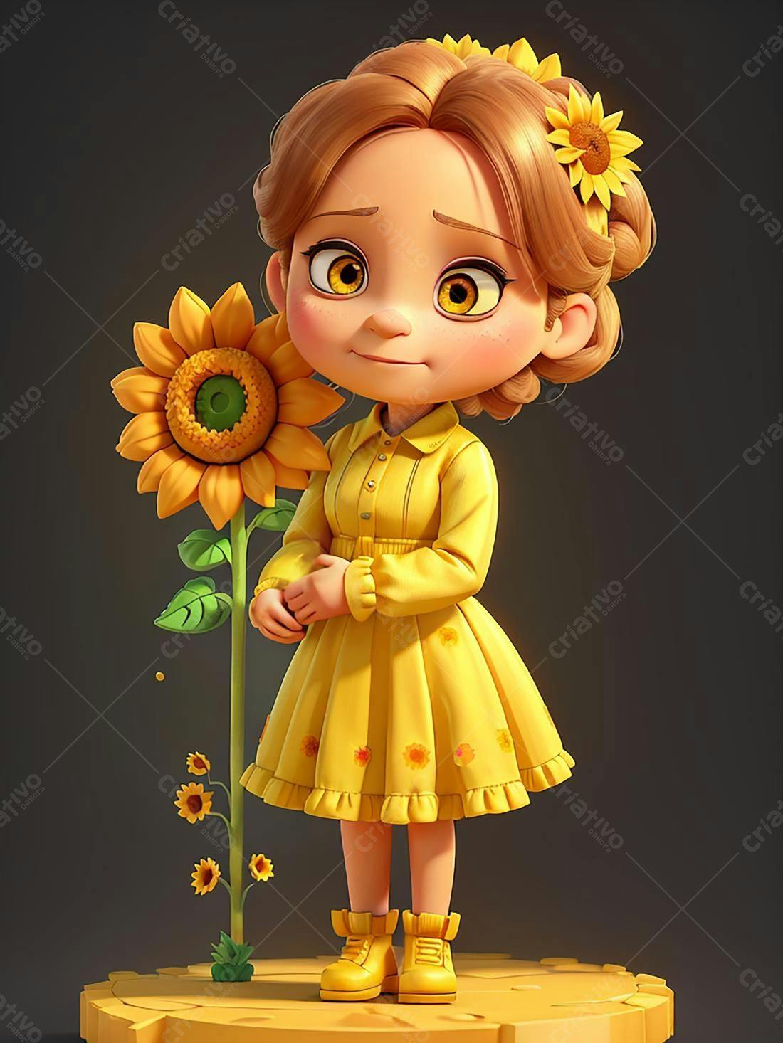 Menina fofa com girassol vestido amarelo