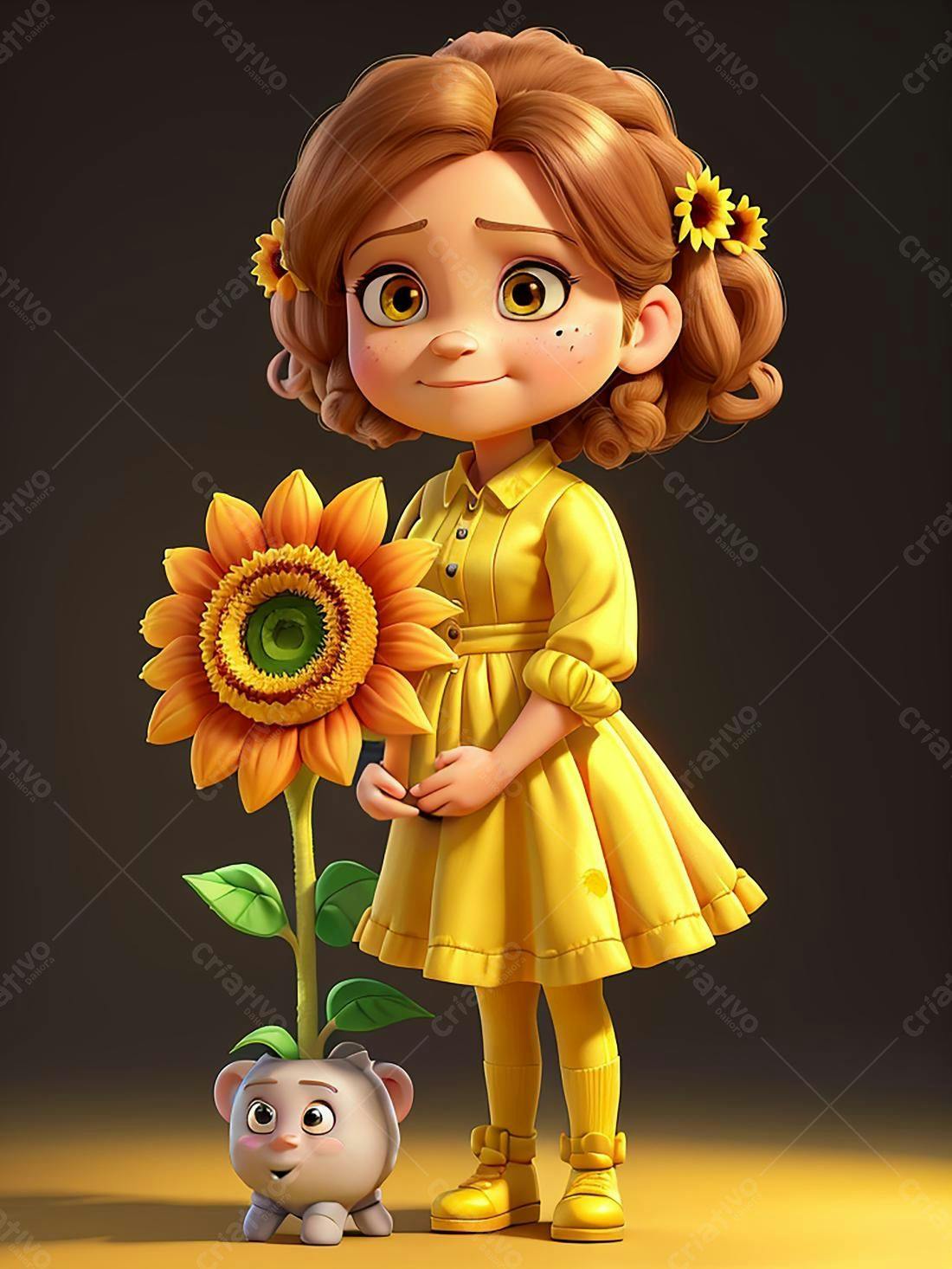 Menina fofa com girassol e bichinho de estimação