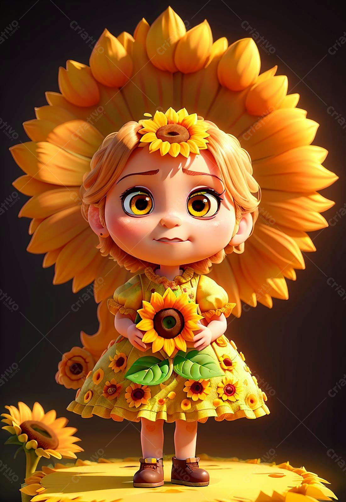 Menina fofa com girassóis vestido amarelo