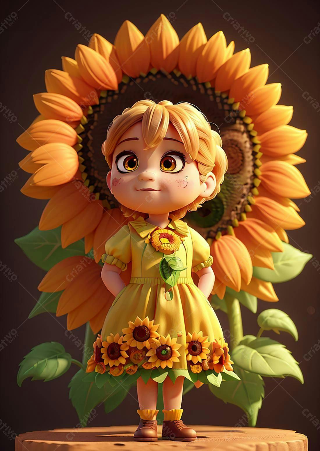 Menina fofa em vestido amarelo com girassóis