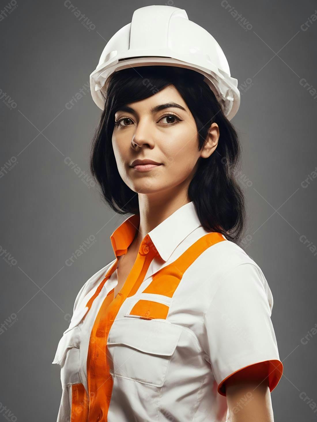 Engenheira com capacete branco e camisa laranja