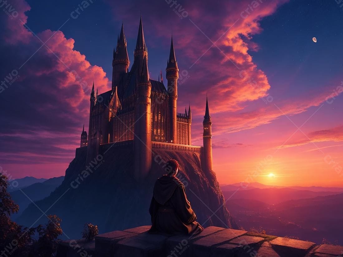 Castelo medieval ao entardecer com figura contemplativa