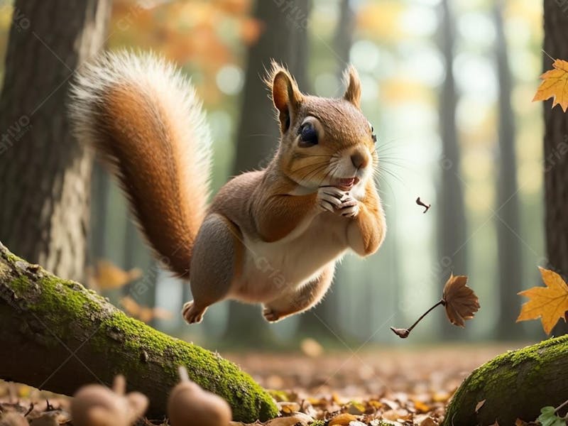Esquilo feliz, pulando na floresta