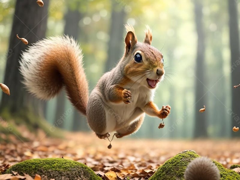 Esquilo feliz, pulando na floresta