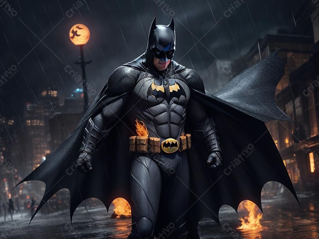 Batman em cenário urbano noturno chuvoso