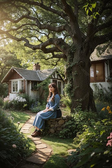 Garota sentada em um campo verde, com uma linda arvore e casa ao fundo