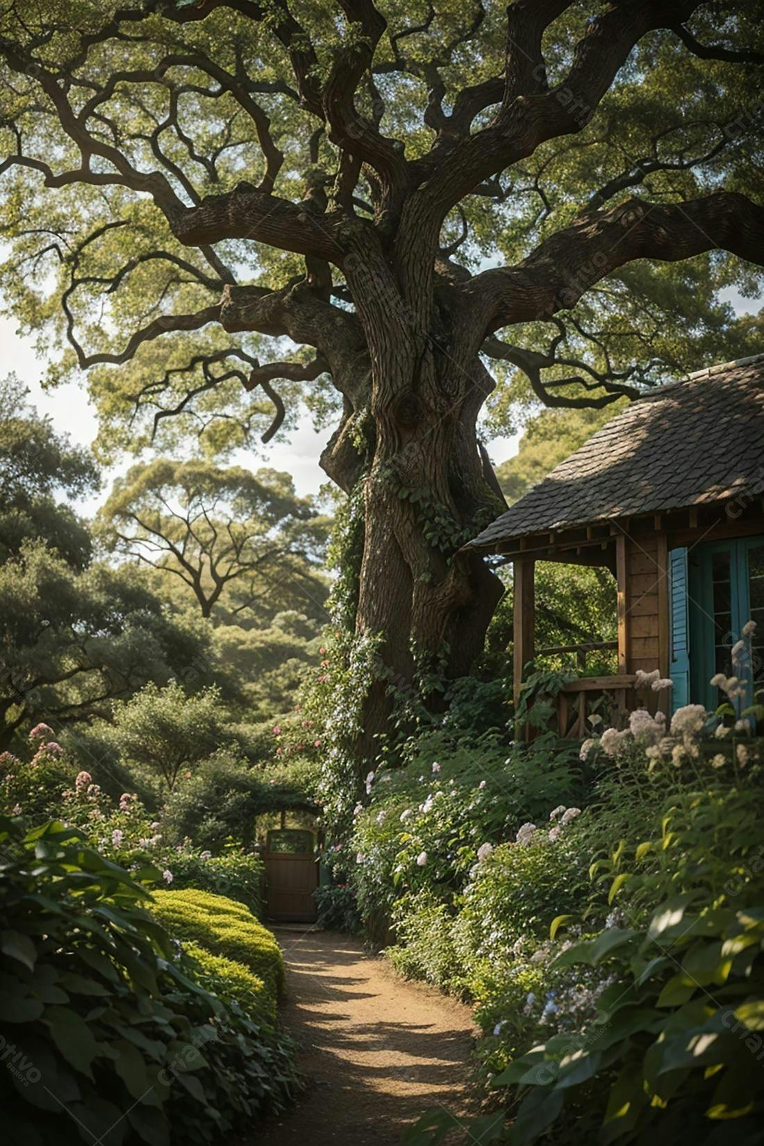 Jardim com casa de madeira e árvore imponente