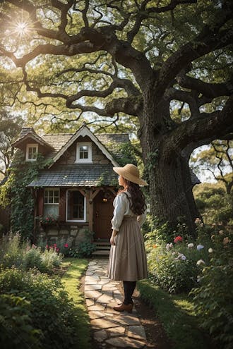 Garota sentada em um campo verde, com uma linda arvore e casa ao fundo