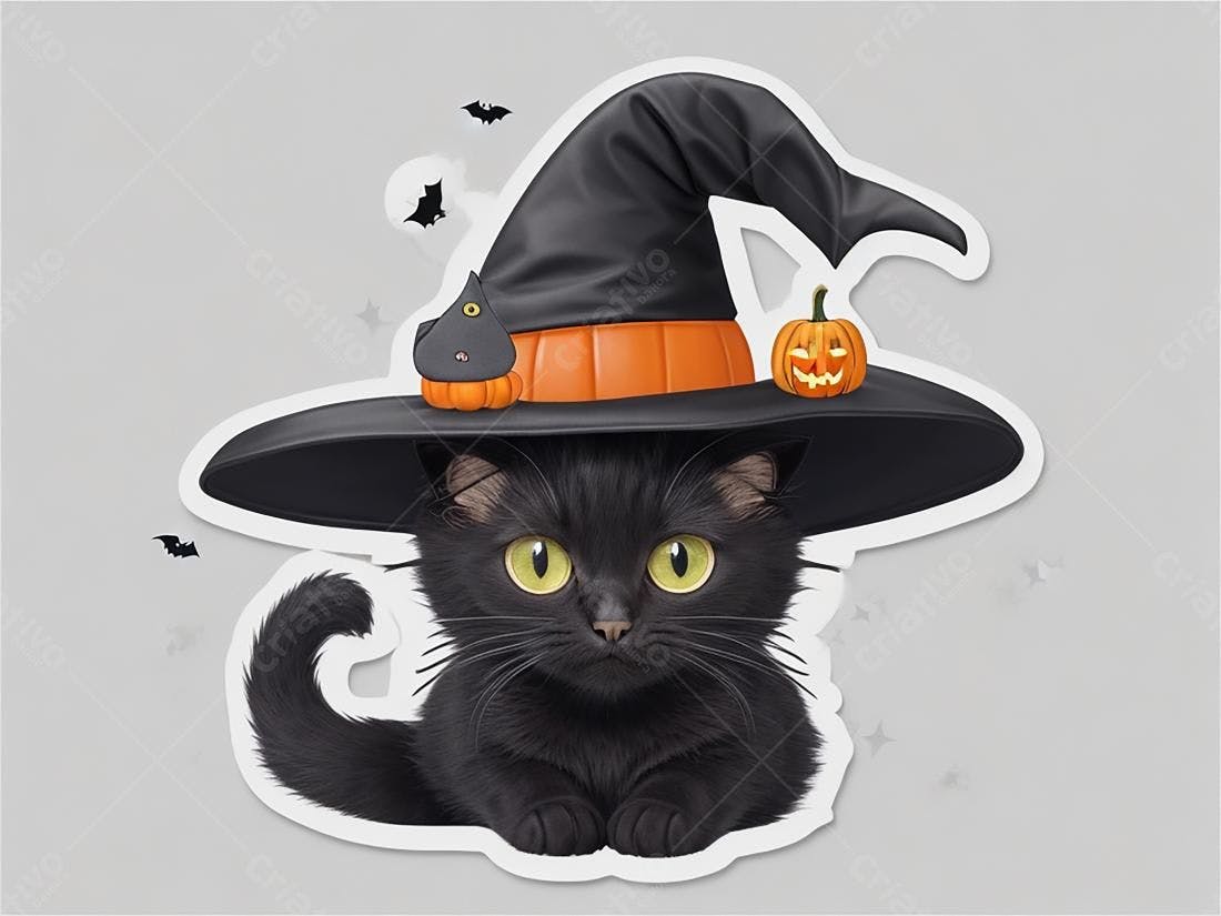 Gato preto com chapéu de bruxa Halloween