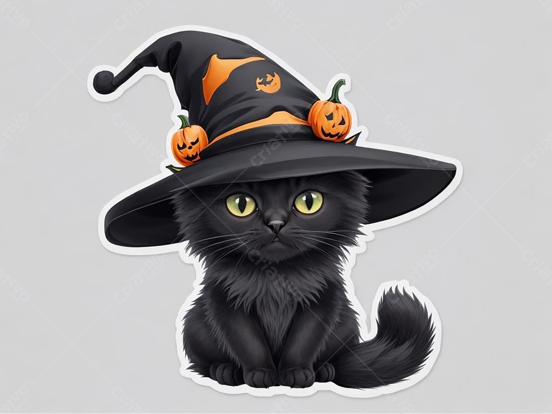 Gato Preto com Chapéu de Bruxa Halloween