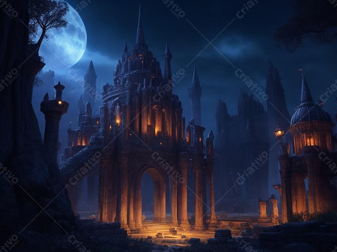 Castelo medieval noturno sob a lua cheia