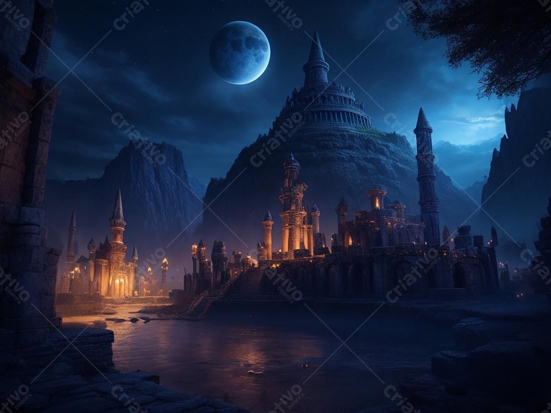 Castelo medieval noturno sob a lua cheia