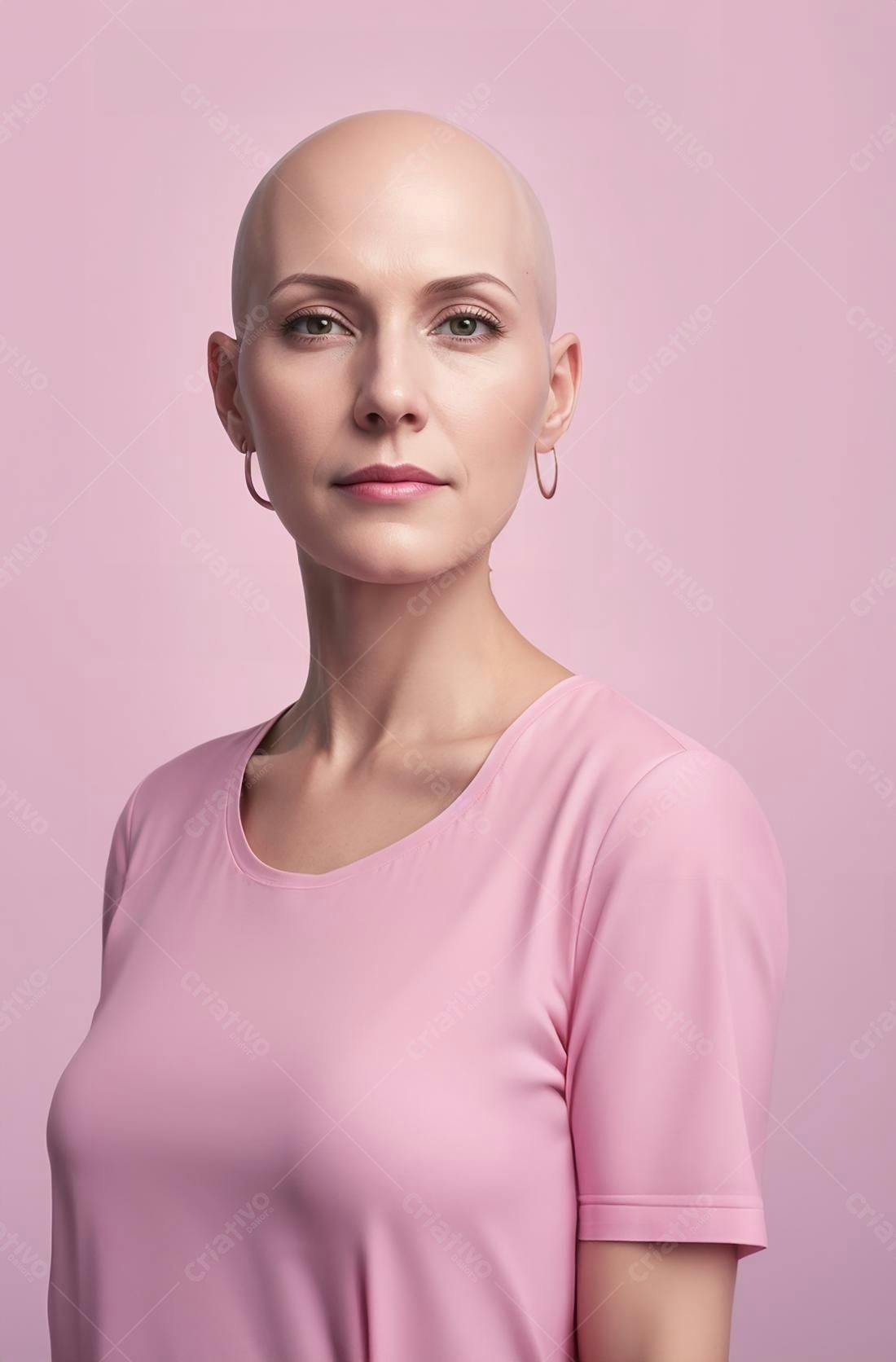 Mulher careca em camiseta rosa