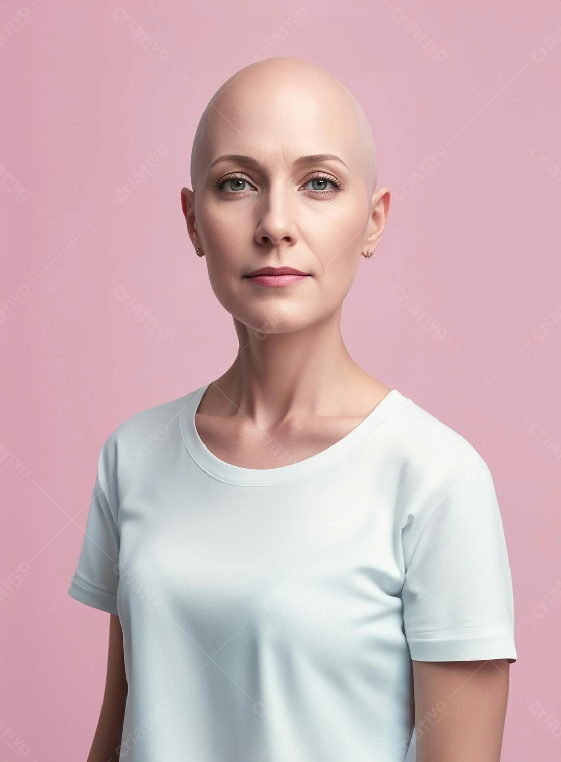 Mulher careca em camiseta branca fundo rosa