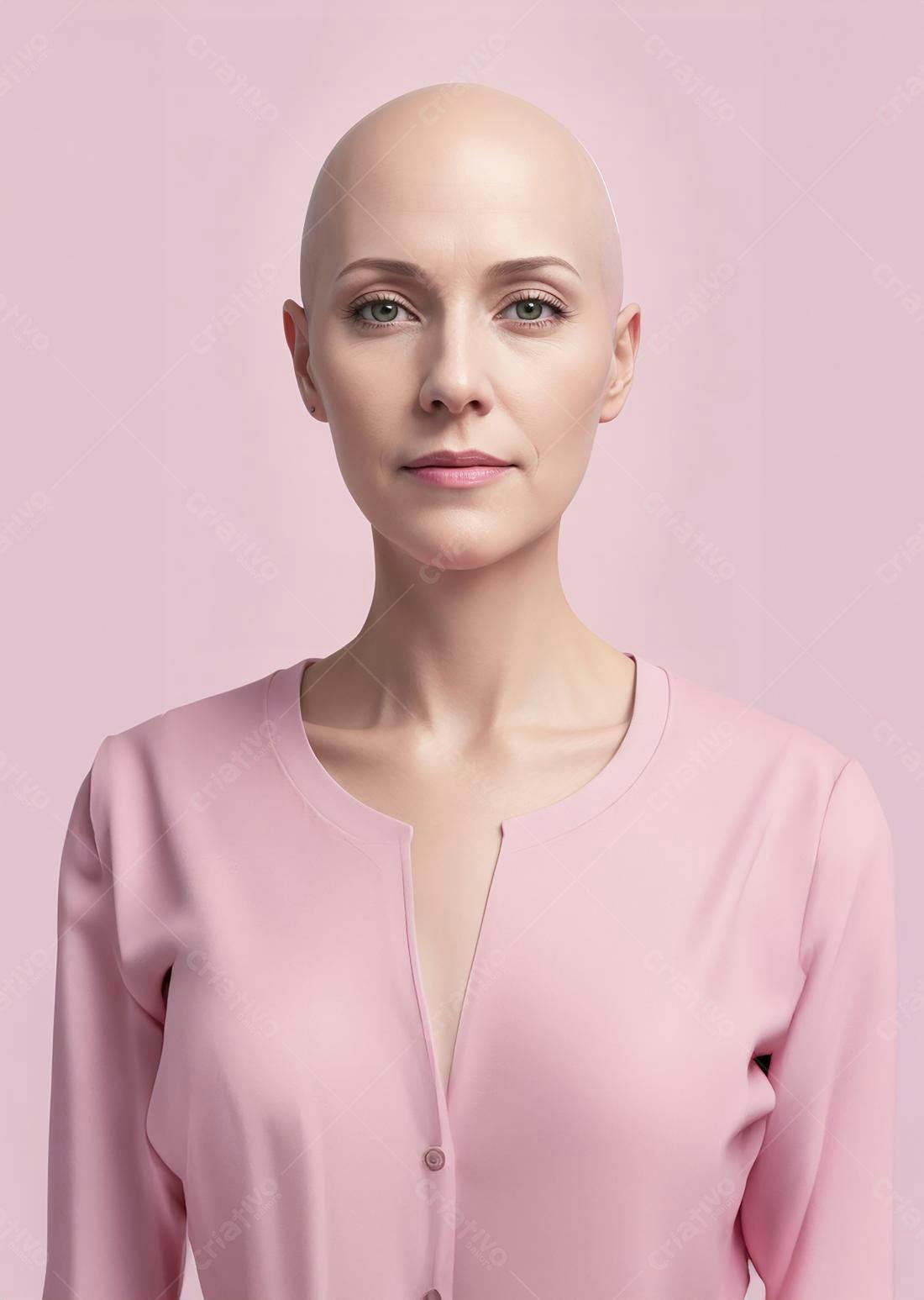 Mulher careca em blusa rosa